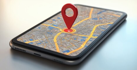 Smartphone displaying a digital city map with a prominent red location pin marking a central spot, conveying navigation and location tracking technology