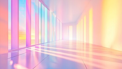 Pastel-hued minimalist interior with large windows showcasing a vibrant sunset, reflecting light onto a glossy floor