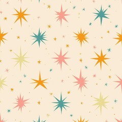 Seamless pattern featuring colorful retro eight-point star shapes scattered on a soft beige background creating a playful and nostalgic atmosphere