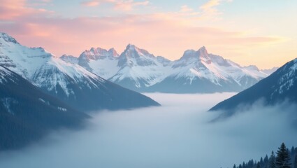Stunning aerial view of mountain ranges with snowcapped peaks and a sea of mist reflecting the golden light of dawn