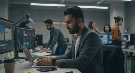 Focused office worker using laptop in modern workspace for business productivity and collaboration success