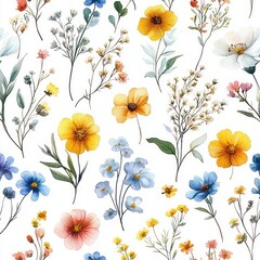 Colorful watercolor flowers and delicate leaves scattered on a white background creating a vibrant and fresh botanical pattern