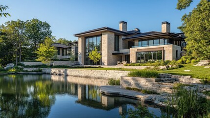 Obraz premium Luxury Modern House by the Lake: Stunning Contemporary Architecture and Landscaping