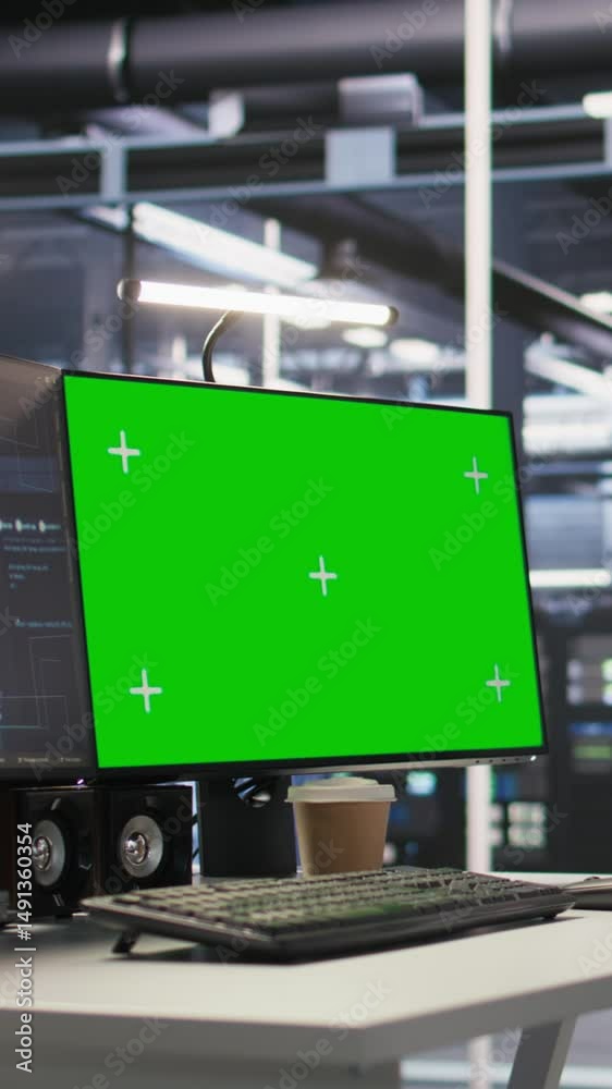 Poster vertical video chroma key computer display in server room set up to simulate ai environment diagnost