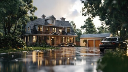 Obraz premium Luxury Suburban Home in the Rain at Dusk, Tranquil Evening Scene