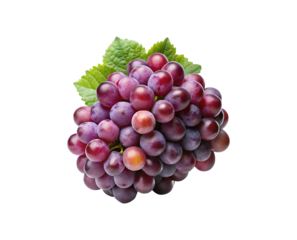 Beautiful bunch of red globe grapes with green leaves on white background