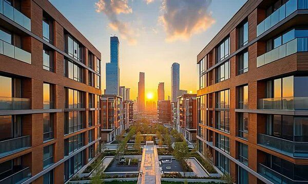 Elevated view of urban residential buildings at sunset