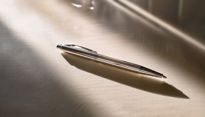 a sleek silver pen lies on a subtle textured surface where soft shadows dance with light creating a peaceful atmosphere that invites creativity on a calm afternoon