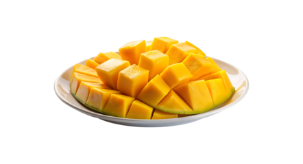 Fresh and Juicy Mango Chunks Arranged on a White Plate Display