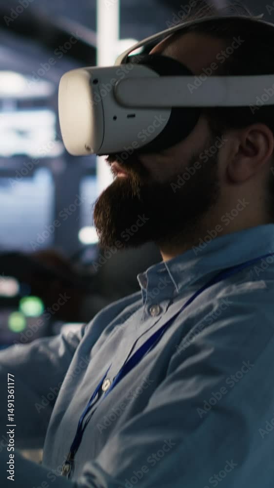 Poster vertical video data center technician using vr headset to monitor neural network ai llm visualizatio