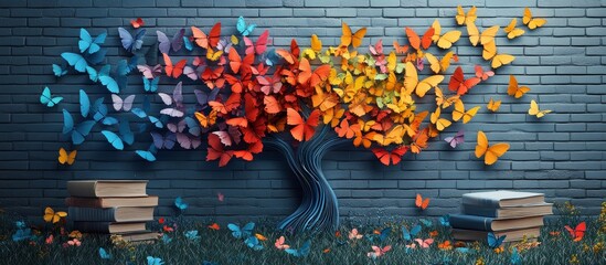 Colorful Paper Butterflies Forming a Tree on a Brick Wall