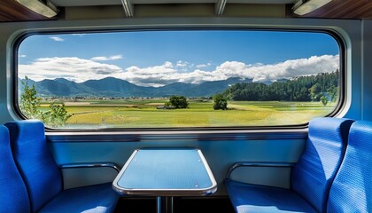 Fototapeta premium a train car interior with blue seats and tables a large window with a view of mountains and fields