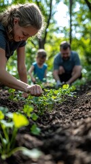 Family gardening together, planting seedlings in rich soil.  Sunlight streams through trees