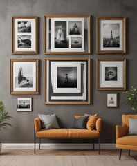 Stylish photo frame gallery wall; assorted frame sizes, textured wall, elegant design,  design mockup,  textured wall