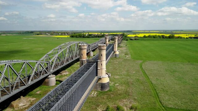 The bridge in Tczew (Poland), the aeral view from the top. 4k, high quality video, drone footage.