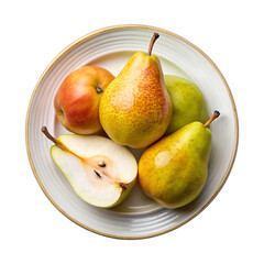 Fresh pears and apple arrangement on a rustic plate, top view