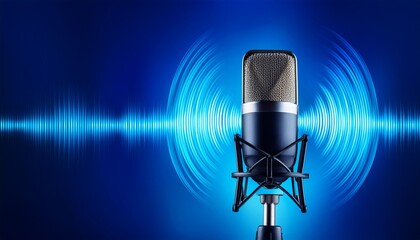 dynamic podcast microphone with flowing audio waveform on vibrant blue background illustrating modern digital broadcasting and voice over production banner