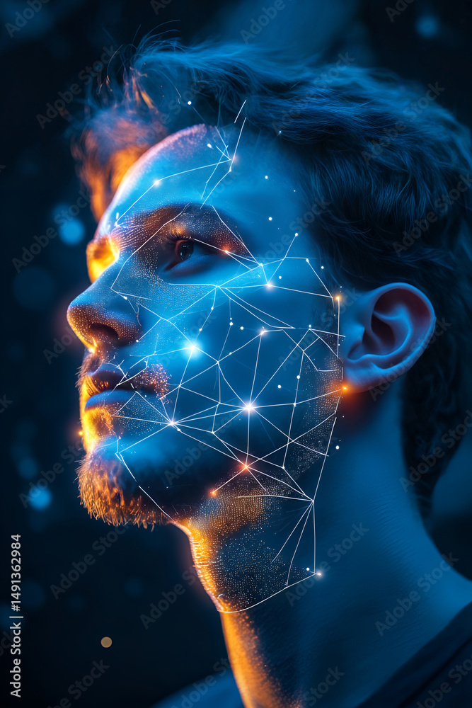 Wall mural digital face scan of young white man with glowing poligonal net, facial recognition, concept of tech