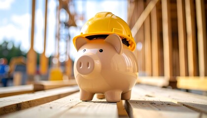 Piggy bank with hard hat, and construction site.