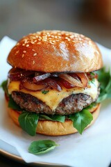 Close-up of a juicy cheeseburger with melted cheddar cheese, caramelized onions, fresh green spinach leaves, and a sesame seed bun on a white plate