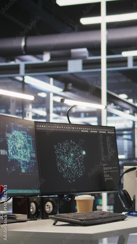 Poster vertical video monitors displaying status of data center hardware supporting ai training workflows a