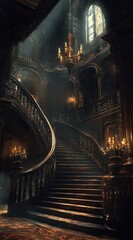 A grand, dark wood spiral staircase ascends in a dimly lit, antique mansion.  Candles and a chandelier cast warm light, highlighting ornate carvings and a high arched window