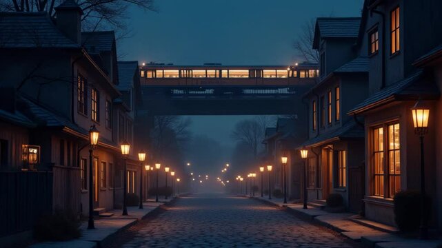 Abstract city landscape with an empty street decorated