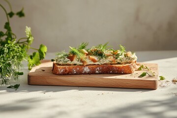 Sunlit open-faced sandwich on rustic wood board, creamy spread topped with herbs and crunchy bits, alongside fresh herbs