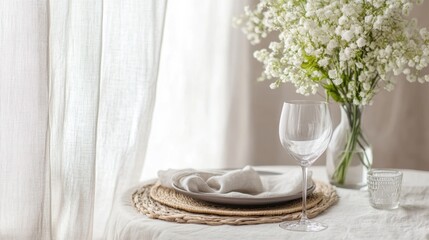 Simple, elegant table setting near window with flowers.