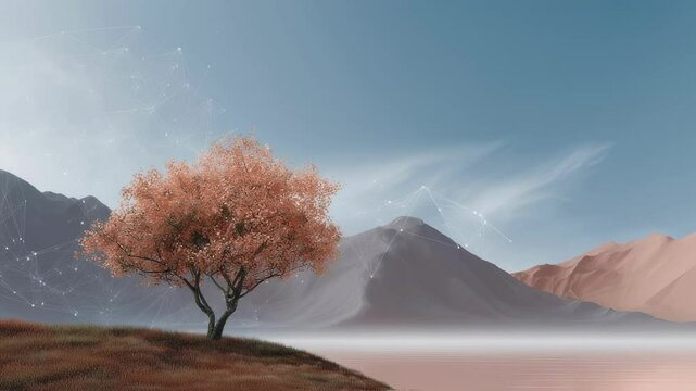 A serene landscape featuring a digital tree whose branches represent various performance metrics and wellbeing scores with a gentle wind creating a sense of equilibrium symbolizing
