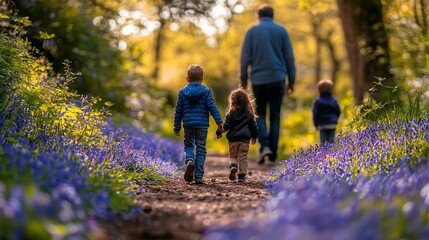 Family strolls along a path, surrounded by vibrant bluebells in a sun-drenched forest