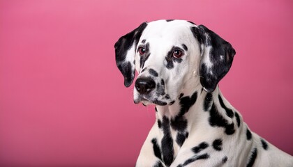 dalmatian dog sitting against pink background