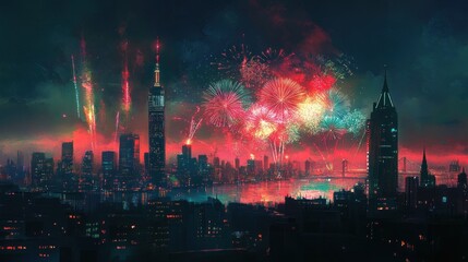 Fototapeta premium Fireworks over a city skyline at night