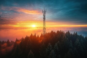 Communication tower standing tall above dense evergreen forest with a dramatic sunset and colorful sky casting warm light on surrounding trees