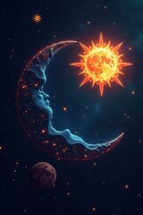 Dark background, glowing celestial bodies; intricate star, moon, sun design , art, magical, texture
