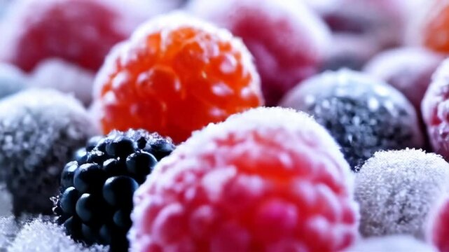 Close Up of Frosty Raspberries Blackberries And Blueberries Perfect for Frozen Food Concepts