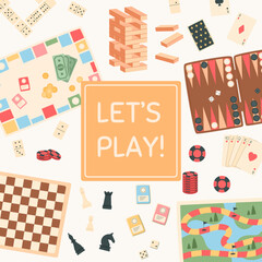 Flat style boardgame banner. Social design with chess, jenga, cards, backgammon, and puzzle pieces. Media concept for fun table play and entertainment activity.
