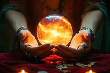 Hands adorned with rings and bracelets gently holding a glowing orange crystal ball on a red velvet surface with dried flower petals scattered around, evoking mysticism and curiosity