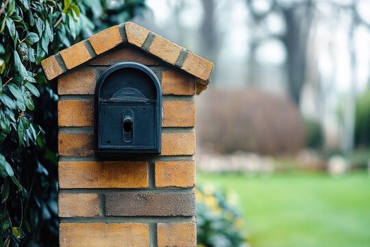 Black metal mailbox attached to a small brick pillar surrounded by greenery and blurred garden background