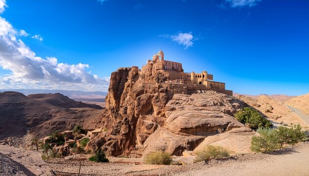 the monastery rising on a rocky mountain in the desert under a blue sky