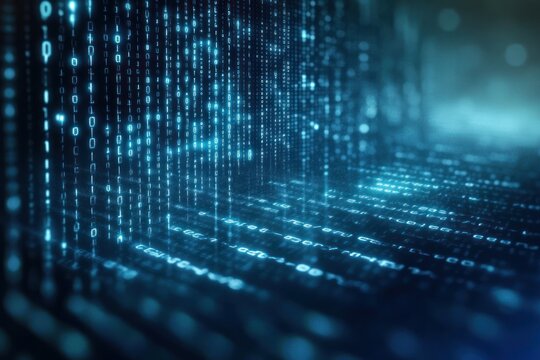 Glowing blue digital binary code cascading in vertical streams with reflective horizontal layers creating a futuristic data matrix environment