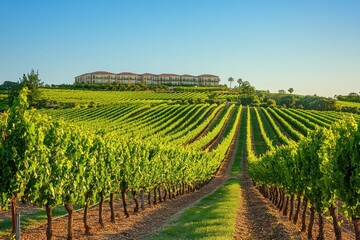 Vibrant vineyard rows stretching across rolling hills under clear blue sky with a large building overlooking the lush green landscape