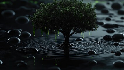 A lush green tree stands in dark, swirling water, surrounded by smooth, dark stones; glowing green tendrils drip from its branches, creating concentric ripples