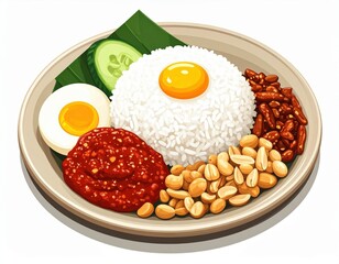 Colorful Nasi Lemak Plate Illustration