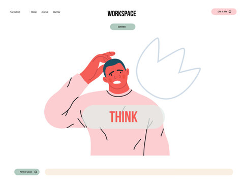 Thinking people, modern flat vector concept illustration- man standing thoughtfully, looking forward, bubble near his head Metaphor for reflection, analysis, introspection, contemplation, deep thought
