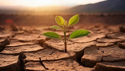 a sprouting seedling emerging from dry cracked soil symbolizing hope and renewal