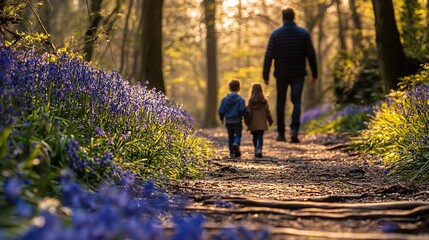 Fototapeta premium Family walks woodland path, sunlight through trees, bluebell carpet