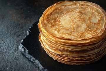 Stack of golden brown thin pancakes on a dark slate serving board with textured background