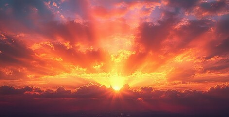 Fototapeta premium Radiant sunset with vibrant orange and red sun rays bursting through thick clouds over dark horizon