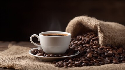 Coffee Cup, Beans, and Burlap Sack